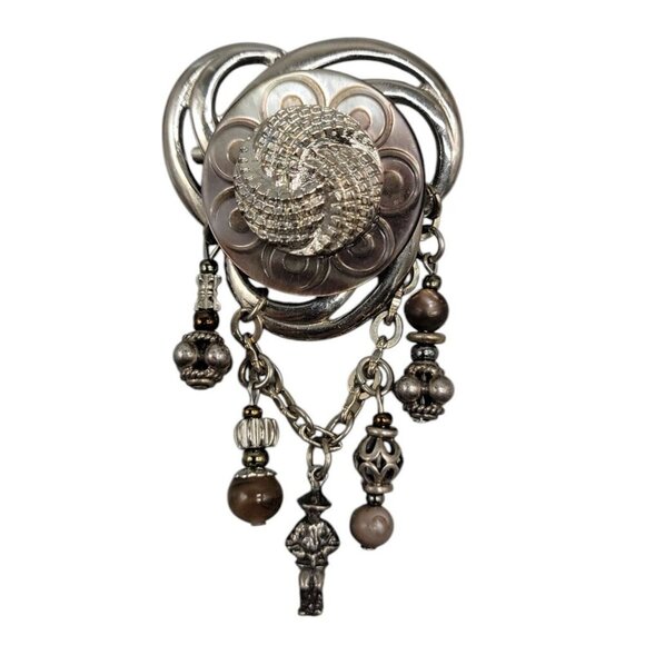 Dangling Charm Brooch Abalone Etched Circle Silver Tone Top 925 Charms - Picture 1 of 6